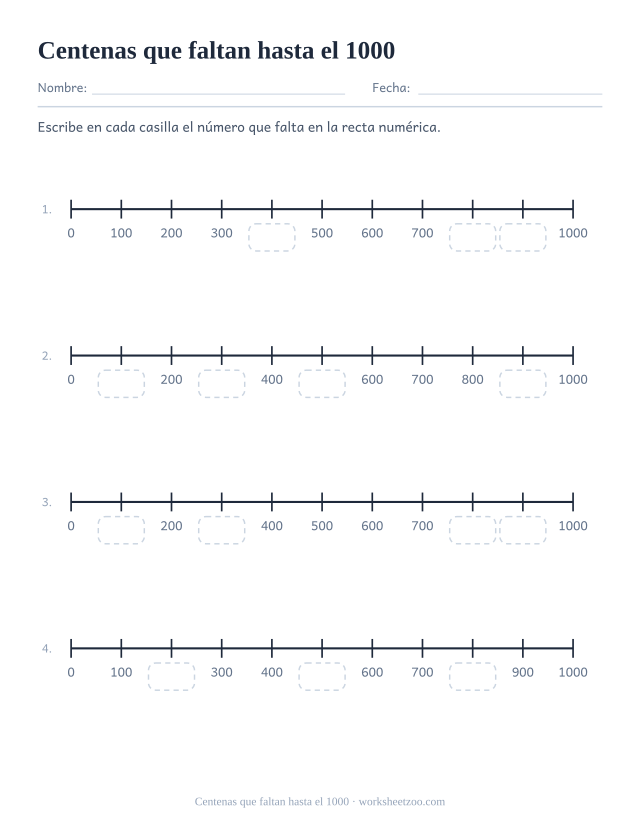 Ficha de recta numérica del 0 al 1000 de 100 en 100 con huecos