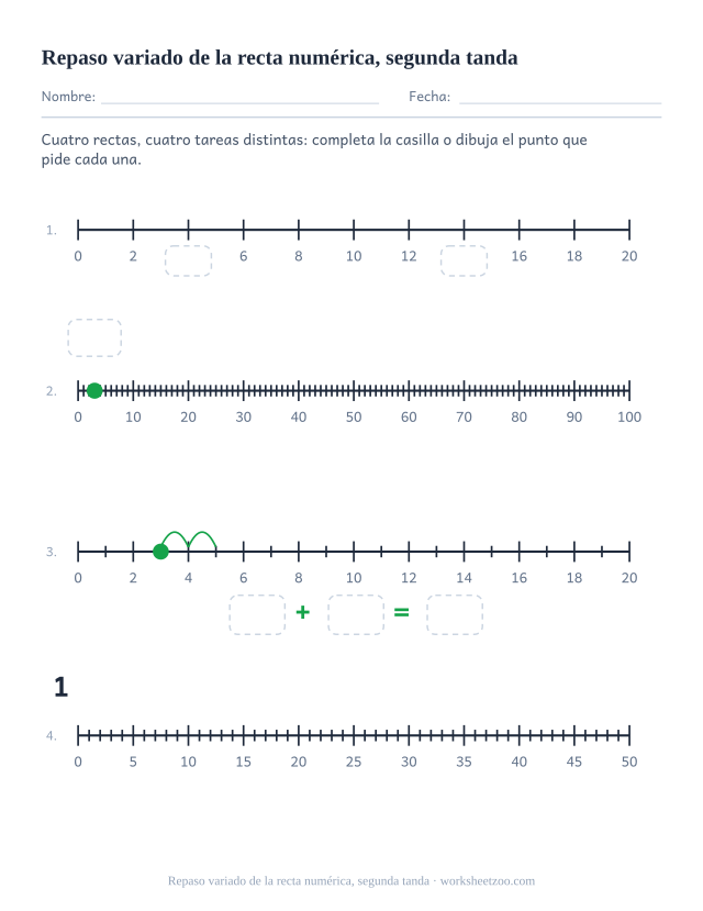 Segunda ficha variada de recta numérica con cuatro filas de tareas distintas