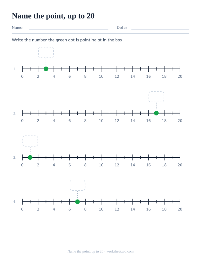 Number line worksheet naming the marked value on a 0 to 20 line