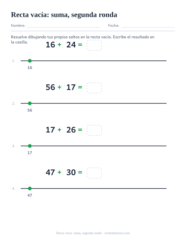 Segunda ficha de recta vacía para estrategias de suma de dos cifras