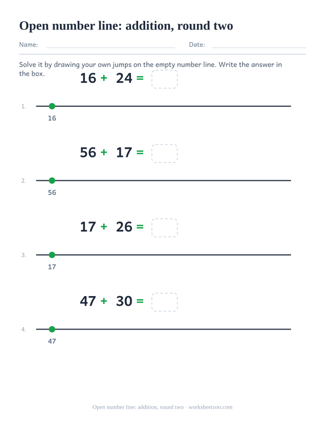 Second open number line worksheet for two-digit addition strategies