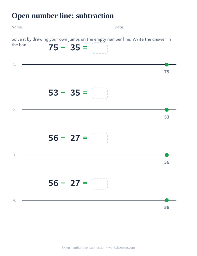 Open number line worksheet for subtracting two-digit numbers with your own jumps