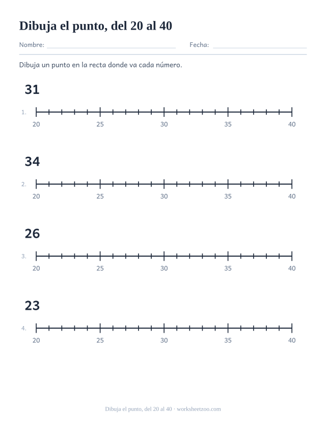 Ficha de recta numérica para colocar puntos en una recta que va del 20 al 40