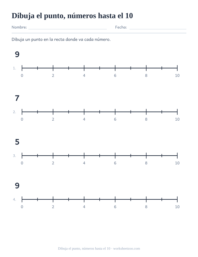 Ficha de recta numérica para colocar puntos en valores hasta el 10