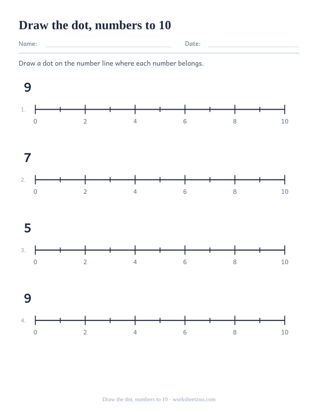 Number line worksheet placing dots on values up to 10