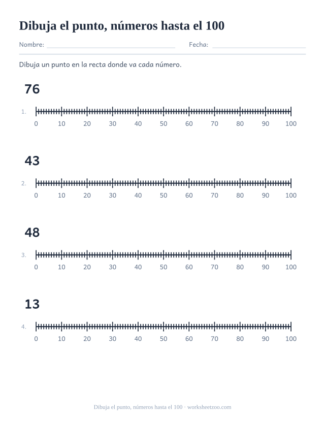 Ficha de recta numérica para colocar puntos de dos cifras entre decenas etiquetadas
