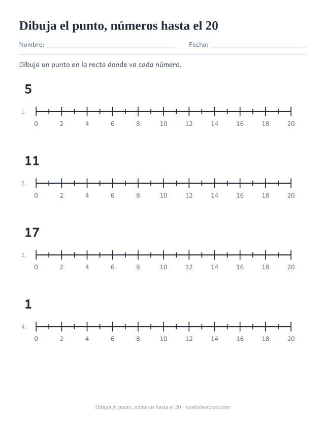 Ficha de recta numérica para colocar puntos en valores hasta el 20