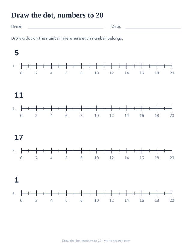 Number line worksheet placing dots on values up to 20