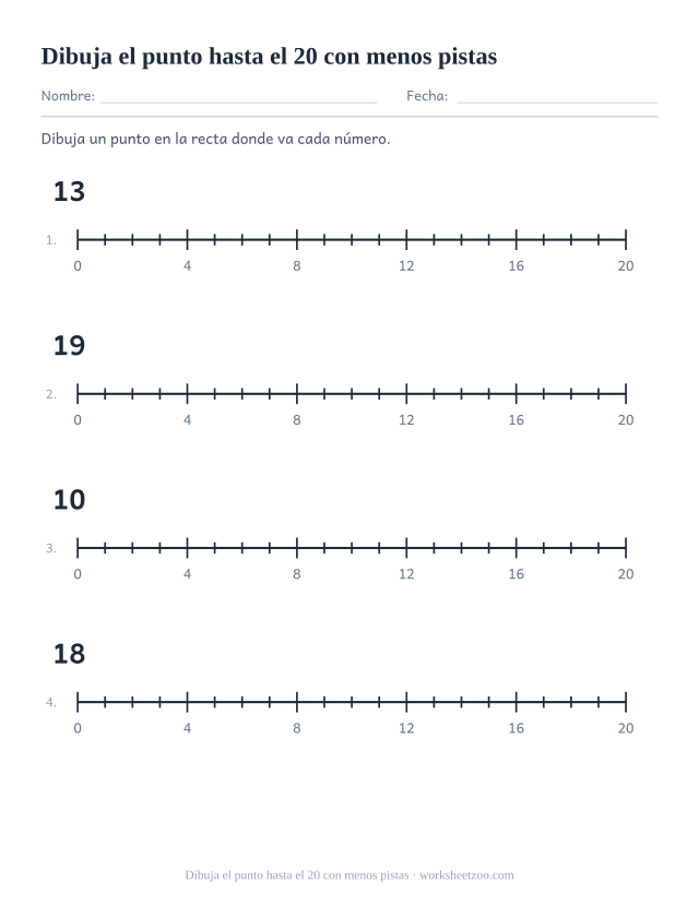 Ficha de recta numérica hasta el 20 con pocas etiquetas para colocar puntos