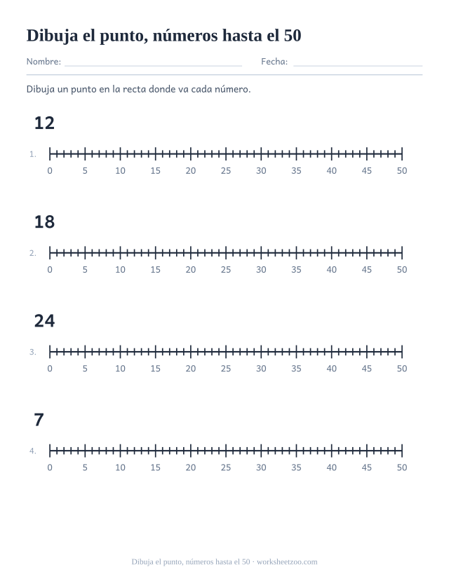 Ficha de recta numérica para colocar puntos hasta el 50 entre cincos etiquetados