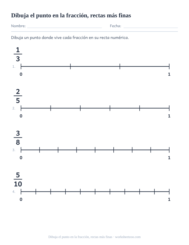 Ficha de recta numérica para colocar puntos en quintos, octavos y décimos