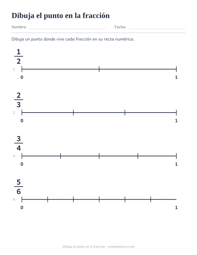 Ficha de recta numérica para colocar un punto en la fracción indicada entre 0 y 1