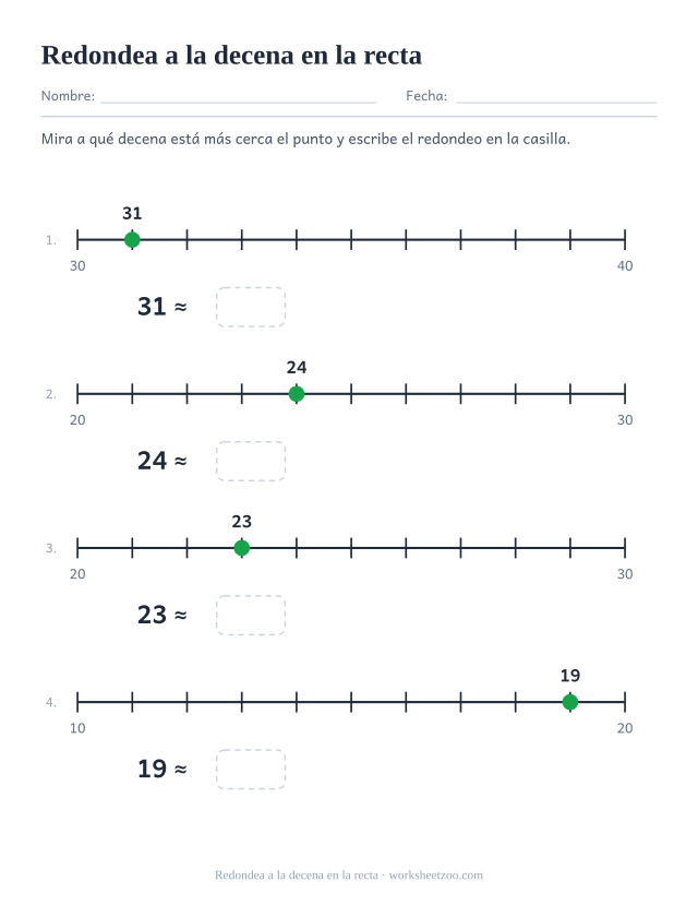 Ficha de recta numérica para redondear números de dos cifras a la decena más cercana
