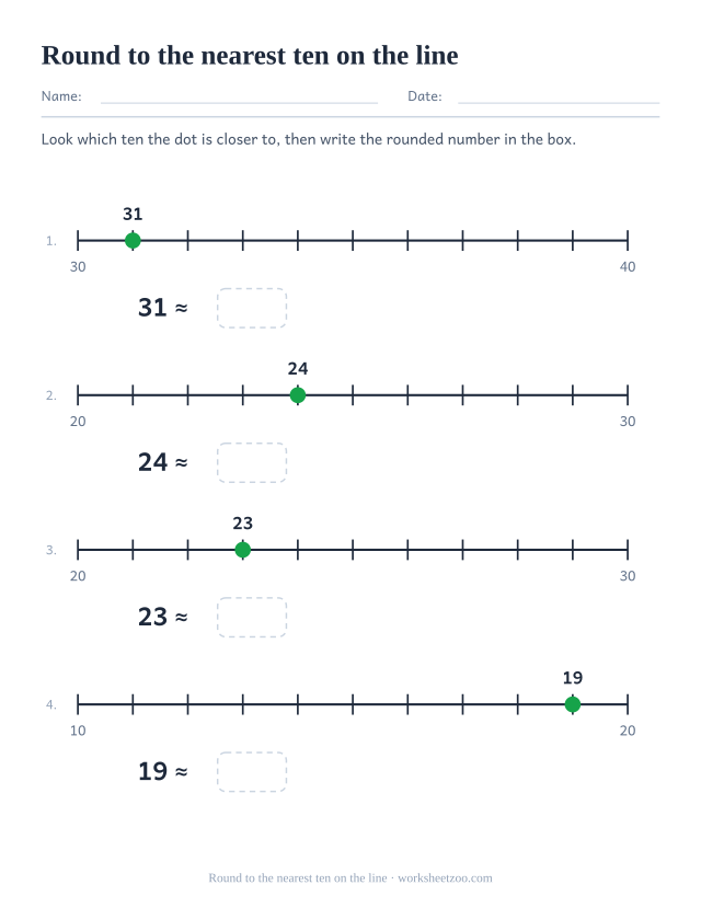 Number line worksheet rounding two-digit numbers to the nearest ten