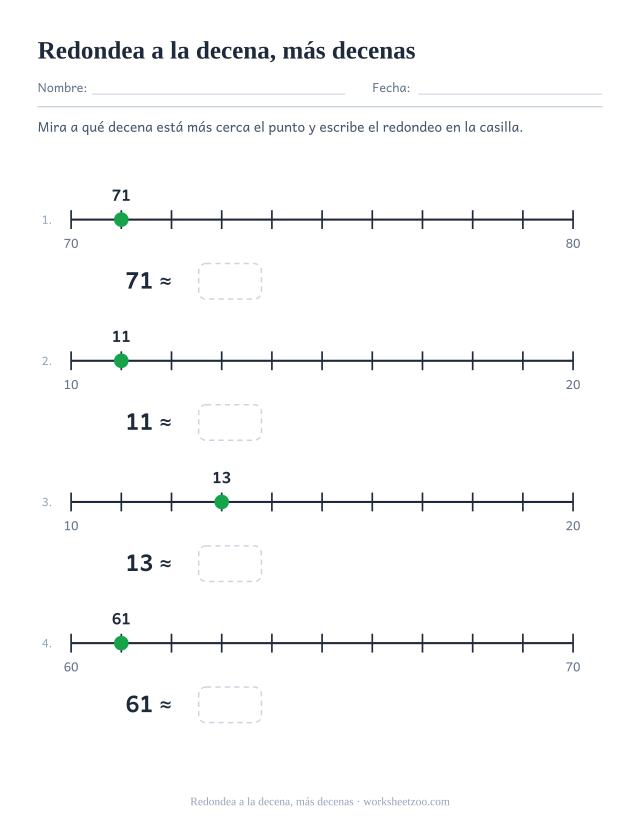 Segunda ficha de recta numérica para redondear a la decena más cercana