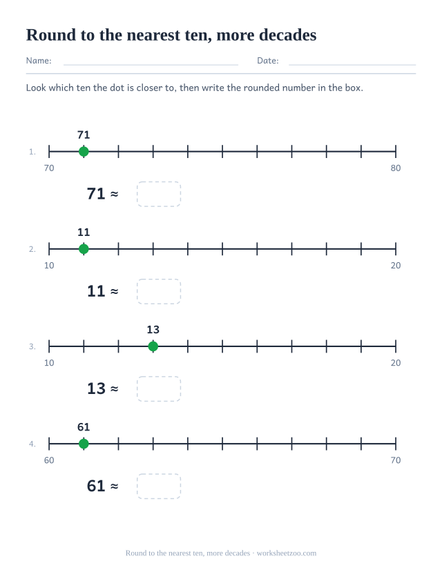 Second number line worksheet rounding to the nearest ten