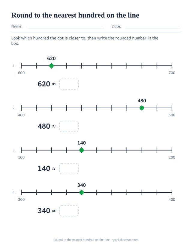 Number line worksheet rounding three-digit numbers to the nearest hundred
