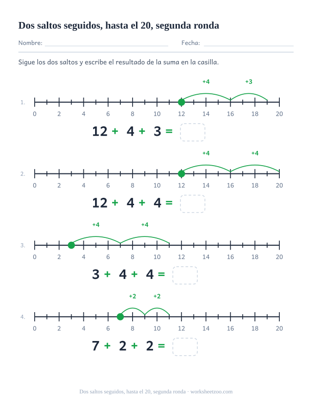 Segunda ficha para sumar dos saltos etiquetados en una recta hasta el 20