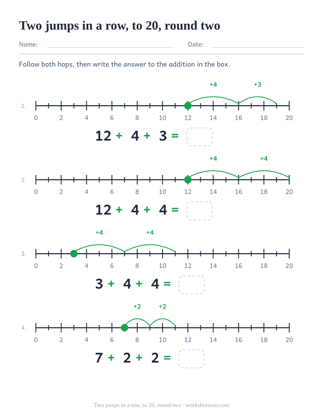 Second worksheet adding two labelled jumps on a number line to 20