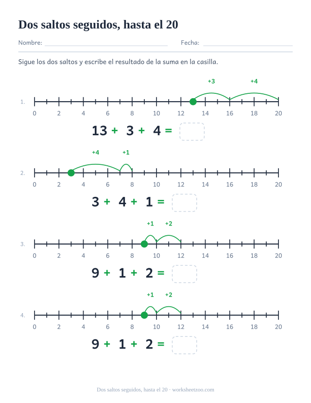 Ficha de recta numérica para sumar dos saltos etiquetados seguidos, hasta el 20