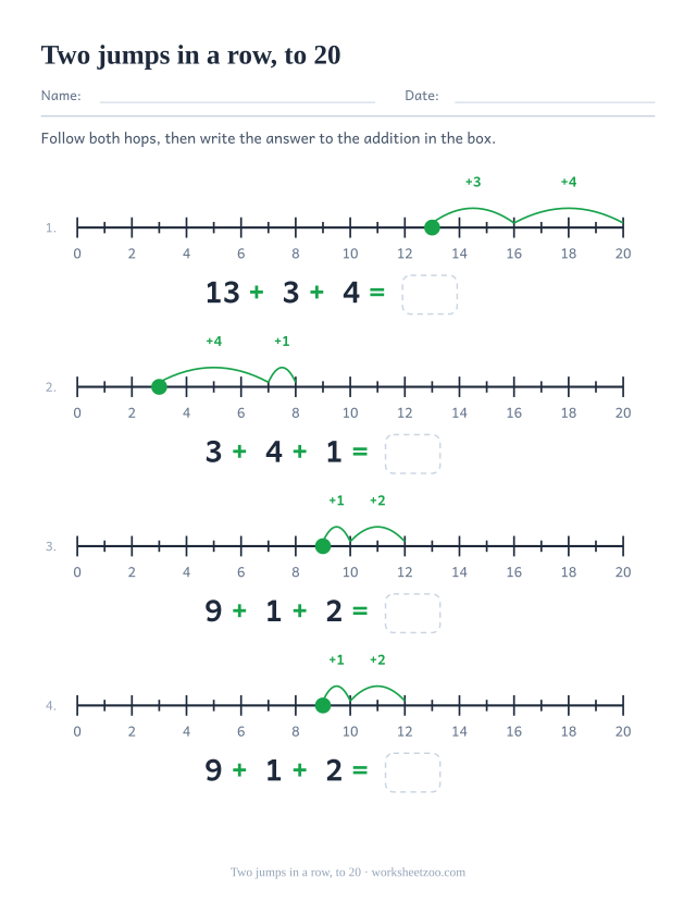 Number line worksheet adding two labelled jumps one after the other, to 20