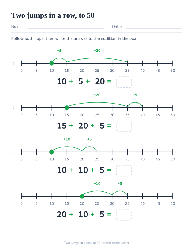 Number line worksheet adding two jumps of five one after the other, to 50