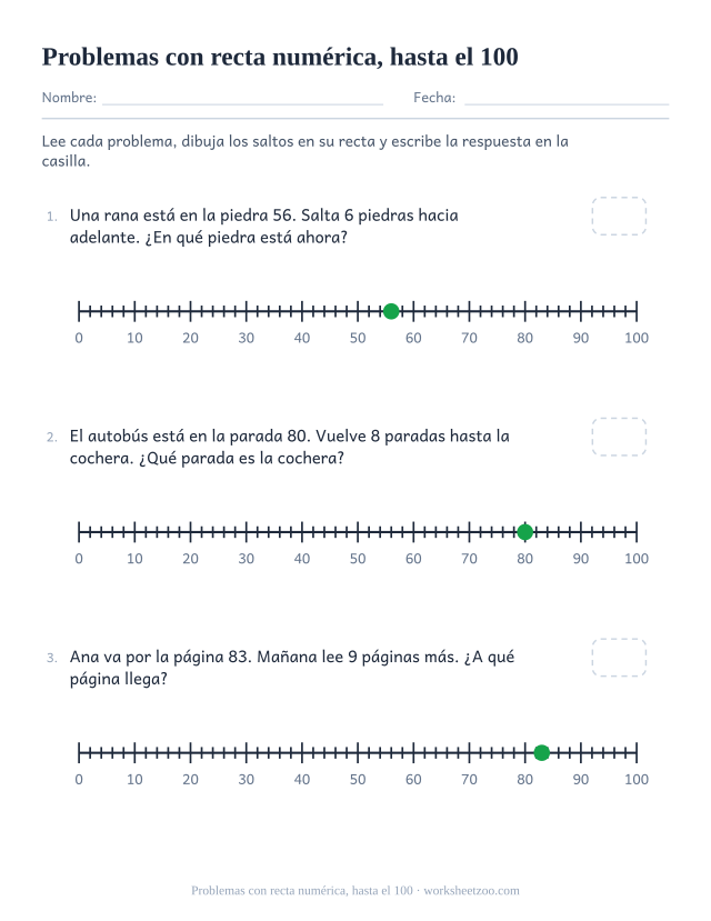 Ficha de problemas que se resuelven en rectas numéricas hasta el 100