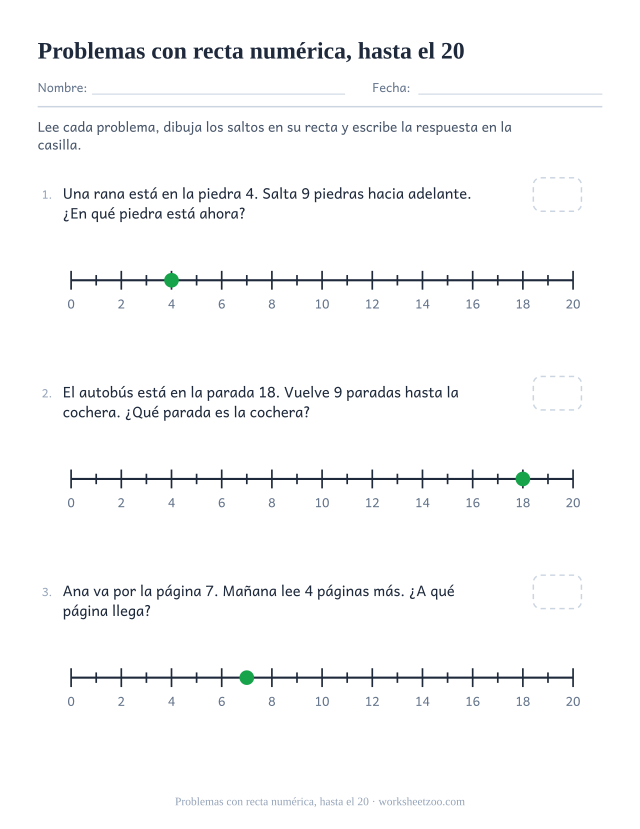 Ficha de problemas que se resuelven dibujando saltos en rectas hasta el 20
