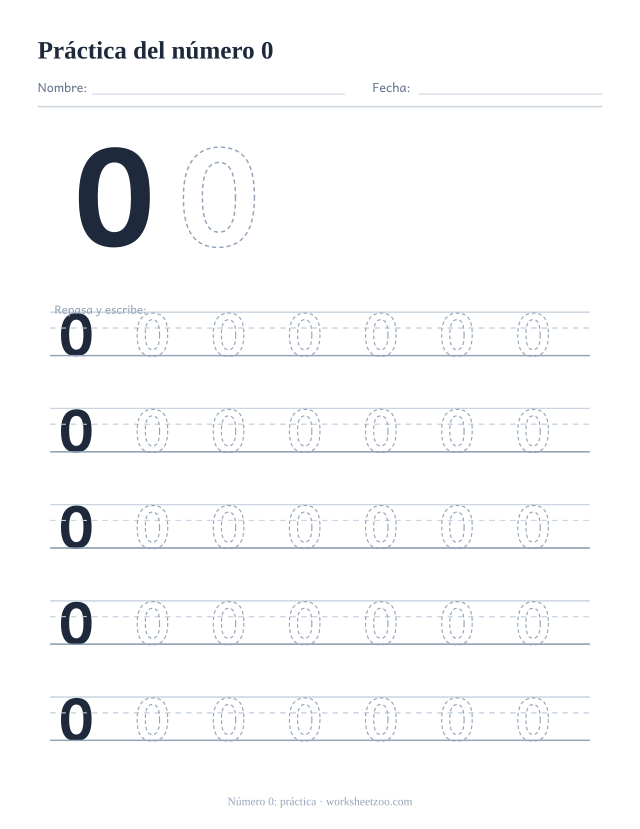 Ficha de práctica del número 0, cinco renglones grandes del número 0 punteado para trazar y escribir, sin círculos para contar