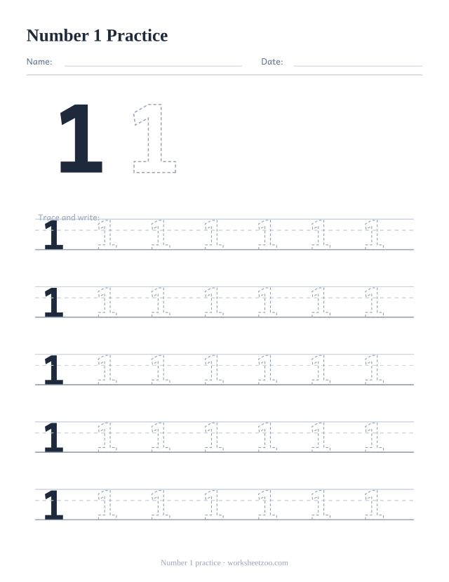 Number 1 formation practice worksheet, five big rows of the dashed number 1 to trace and write, no counting dots