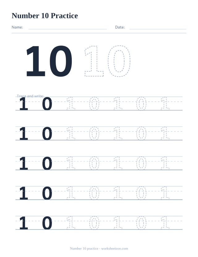 Number 10 formation practice worksheet, five big rows of the dashed number 10 to trace and write, no counting dots
