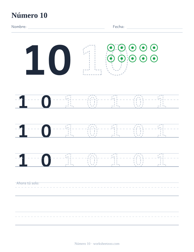 Ficha para trazar el número 10 con círculos para contar