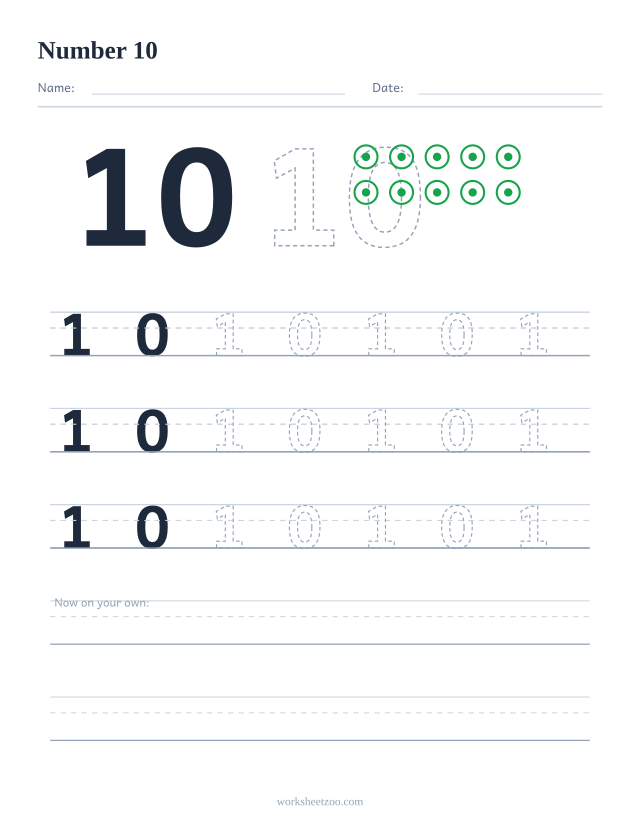 Number 10 tracing worksheet with counting dots