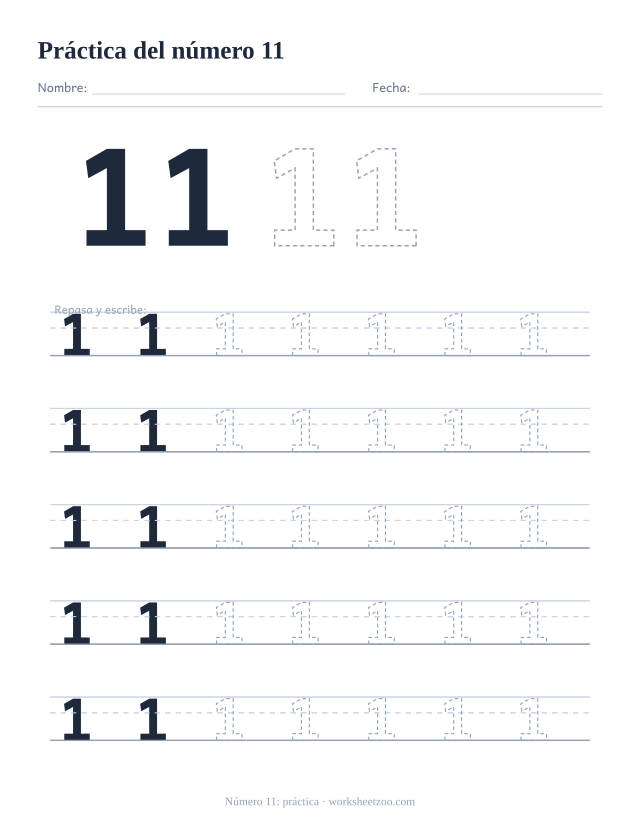 Ficha de práctica del número 11, cinco renglones grandes del número 11 punteado para trazar y escribir, sin círculos para contar