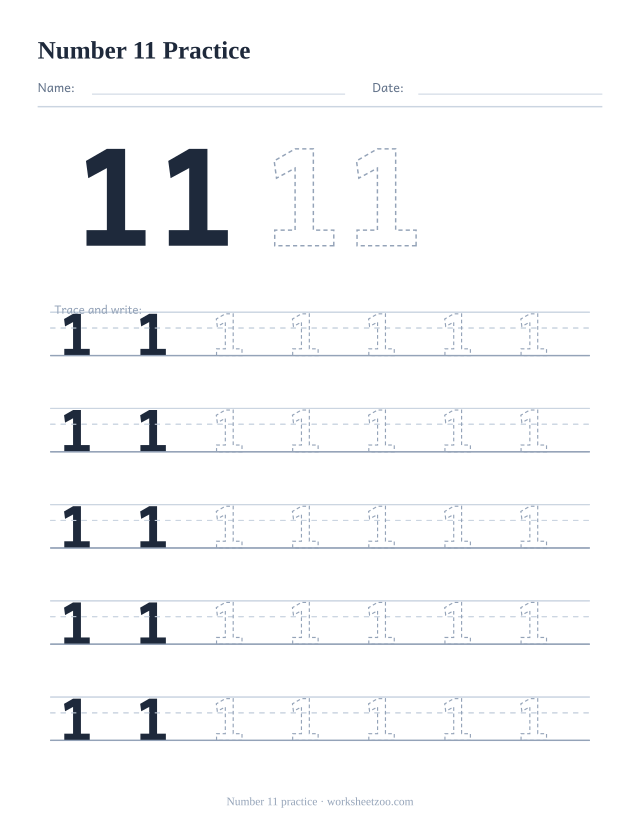 Number 11 formation practice worksheet, five big rows of the dashed number 11 to trace and write, no counting dots