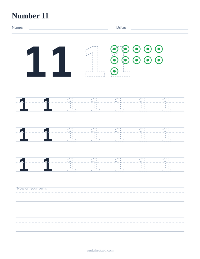 Number 11 tracing worksheet with counting dots