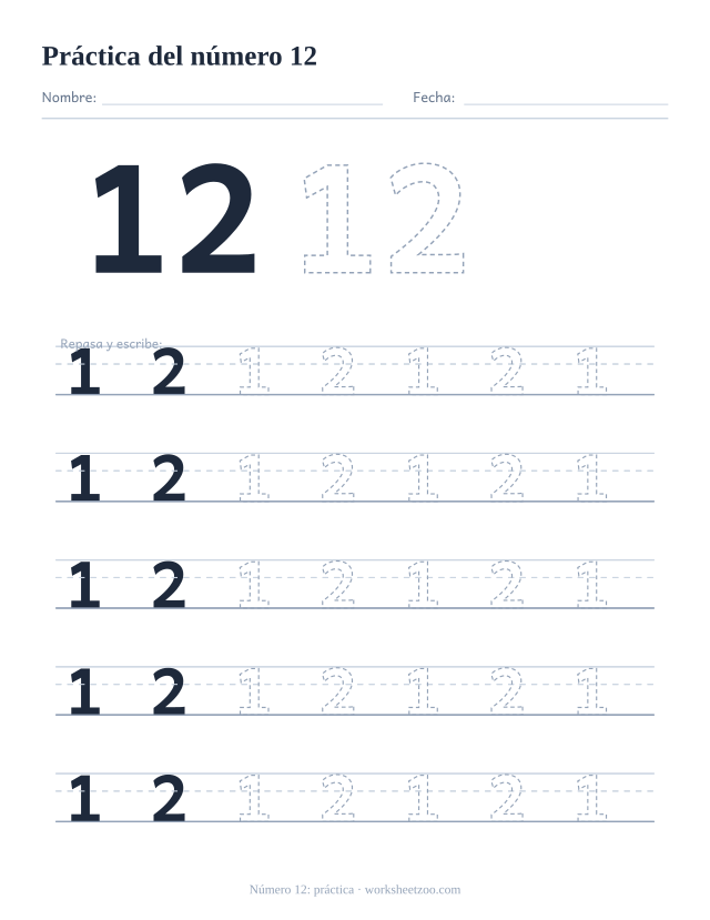 Ficha de práctica del número 12, cinco renglones grandes del número 12 punteado para trazar y escribir, sin círculos para contar