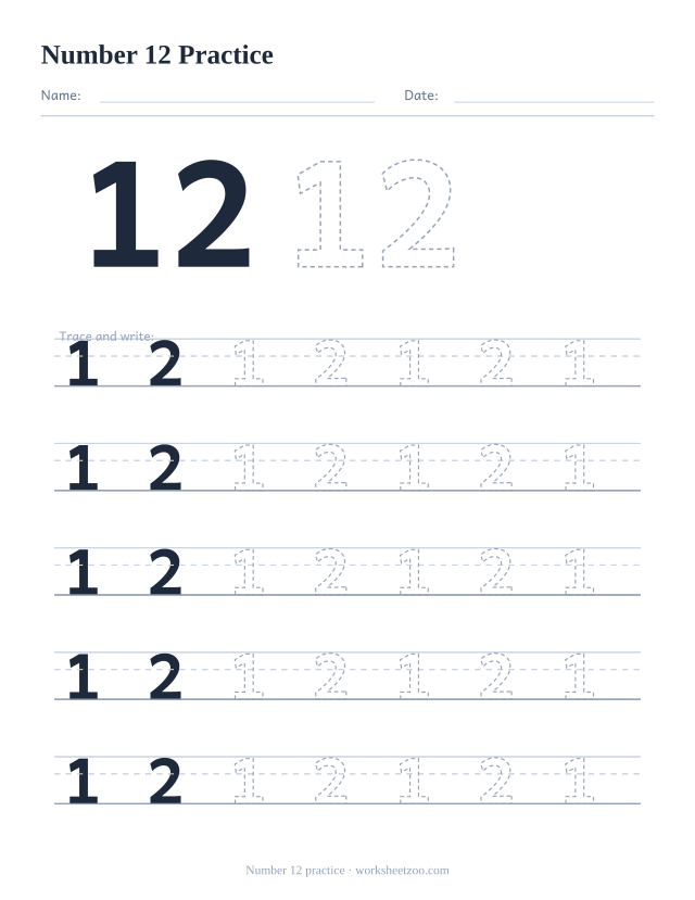 Number 12 formation practice worksheet, five big rows of the dashed number 12 to trace and write, no counting dots