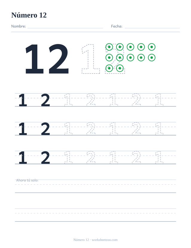 Ficha para trazar el número 12 con círculos para contar