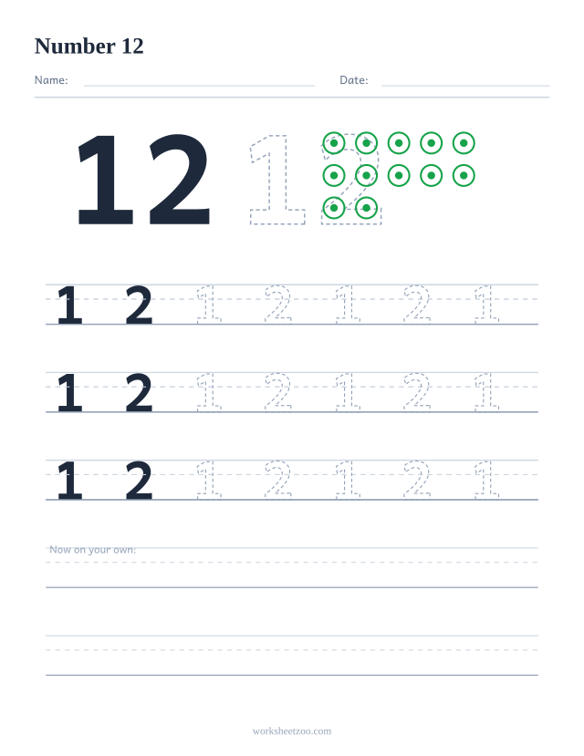 Number 12 tracing worksheet with counting dots