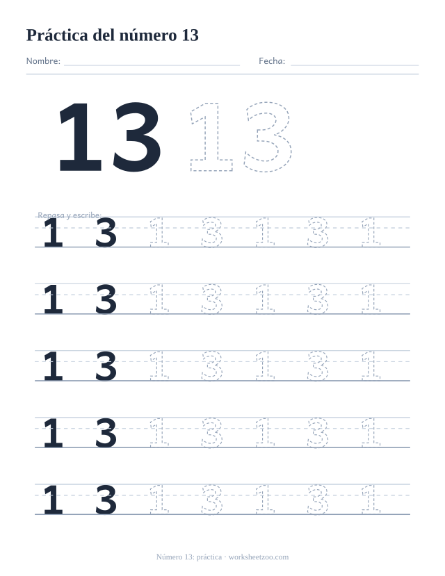 Ficha de práctica del número 13, cinco renglones grandes del número 13 punteado para trazar y escribir, sin círculos para contar