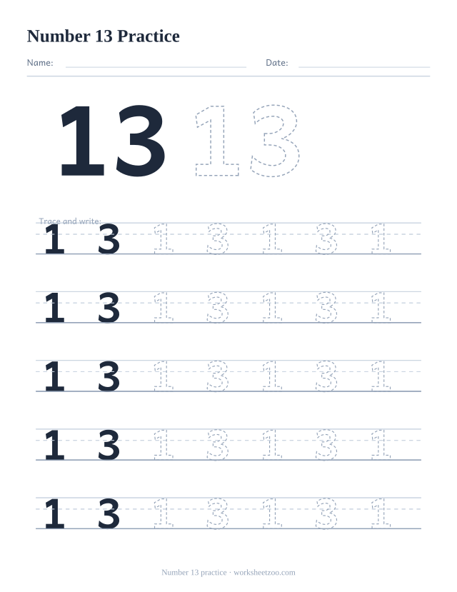 Number 13 formation practice worksheet, five big rows of the dashed number 13 to trace and write, no counting dots