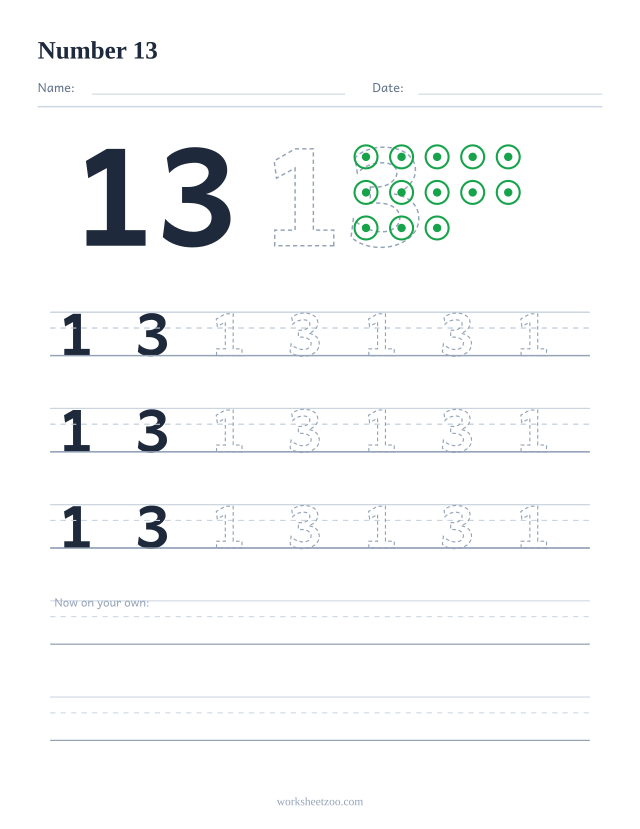 Number 13 tracing worksheet with counting dots
