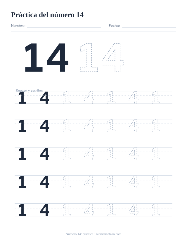 Ficha de práctica del número 14, cinco renglones grandes del número 14 punteado para trazar y escribir, sin círculos para contar