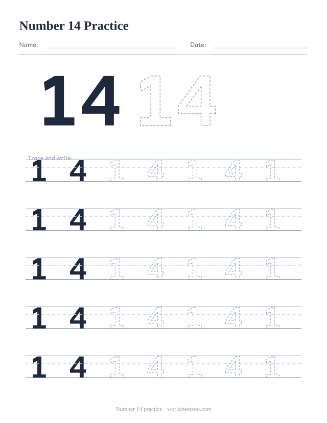 Number 14 formation practice worksheet, five big rows of the dashed number 14 to trace and write, no counting dots