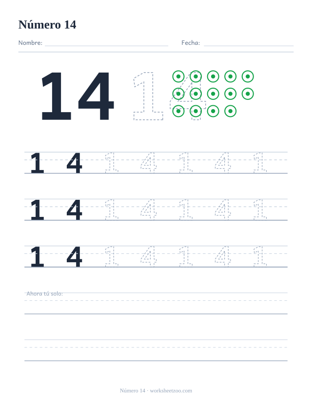 Ficha para trazar el número 14 con círculos para contar