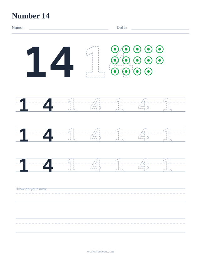 Number 14 tracing worksheet with counting dots