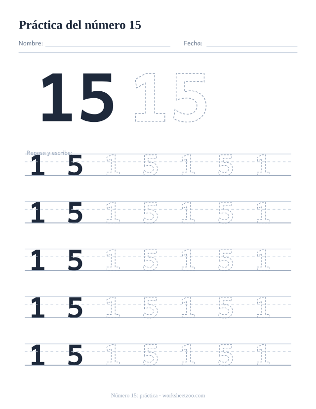 Ficha de práctica del número 15, cinco renglones grandes del número 15 punteado para trazar y escribir, sin círculos para contar
