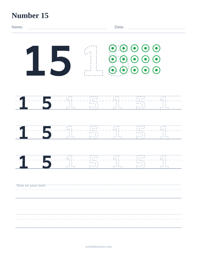 Number 15 tracing worksheet with counting dots