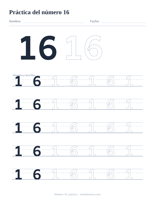 Ficha de práctica del número 16, cinco renglones grandes del número 16 punteado para trazar y escribir, sin círculos para contar